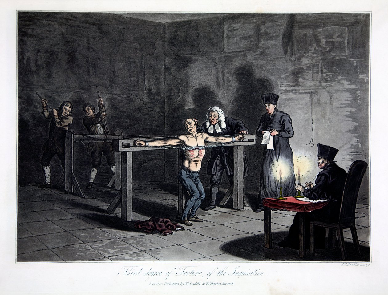 Inkvisisjonens tredje grad av tortur, gravert av LC Stadler, pub. av Cadell & Davies, London, ca. 1813 (farget gravering) av English School