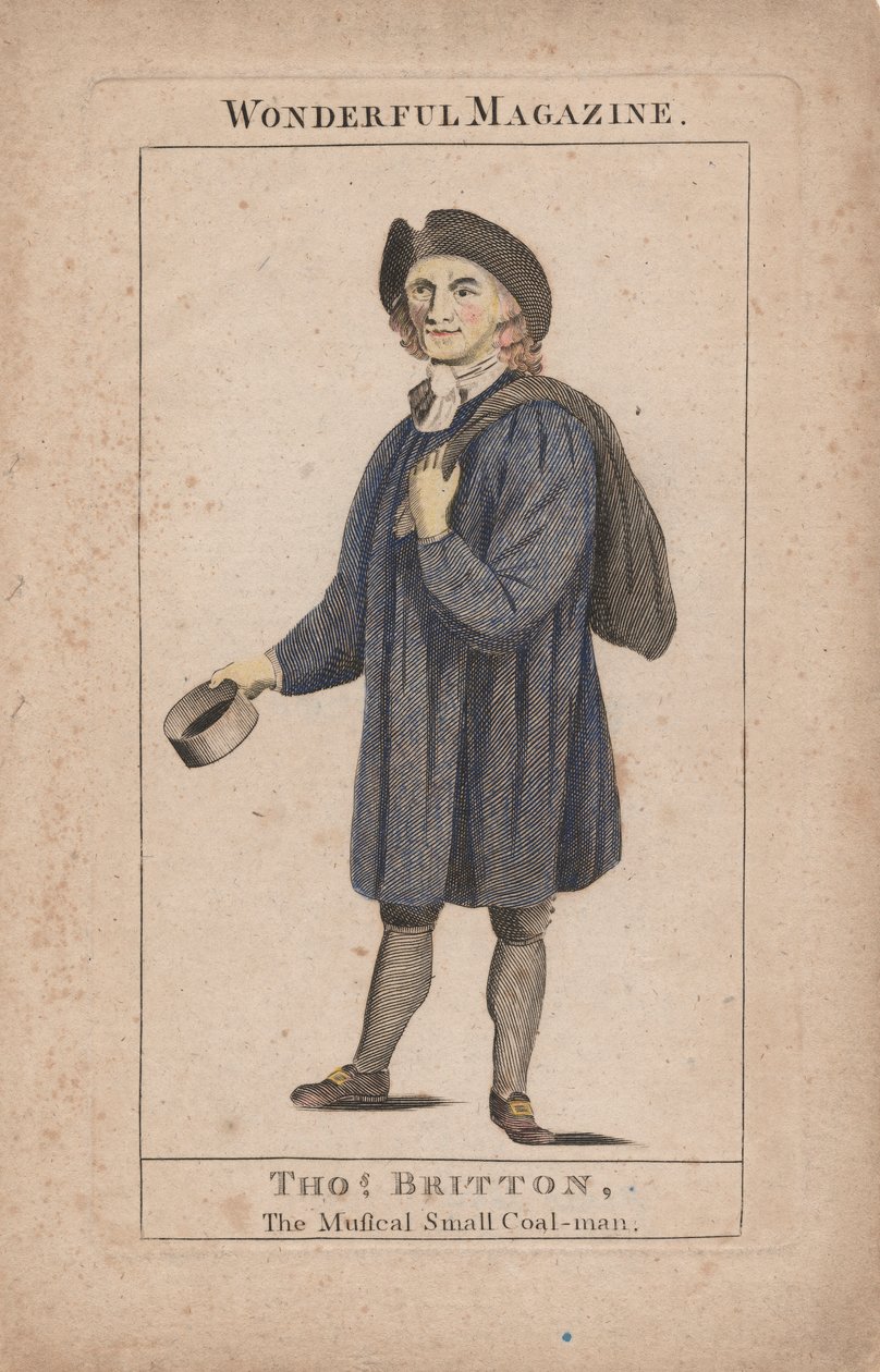 Thomas Britton: The Musical Small Coal-Man, illustrasjon fra Wonderful Magazine, ca. 1764 (håndkolorert gravering) av English School