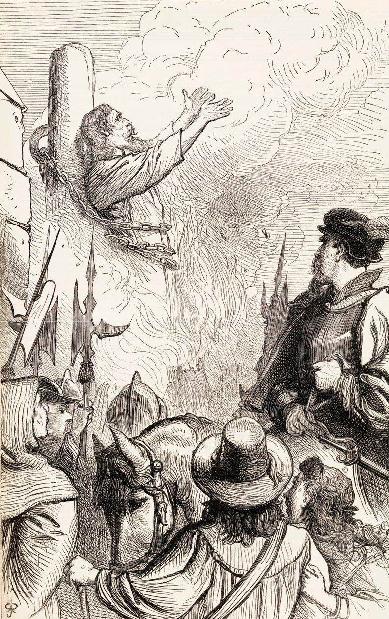 Thomas Hawkes brant på bålet under Marian-forfølgelsene, ca. 1865 (tregravering) av English School