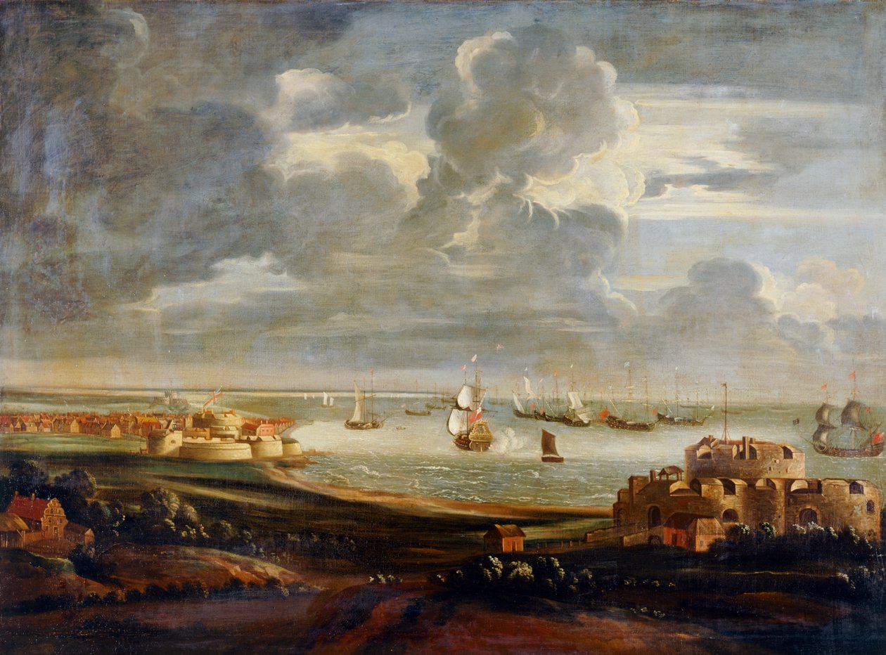 Three Castle in the Downs (olje på lerret) av English School