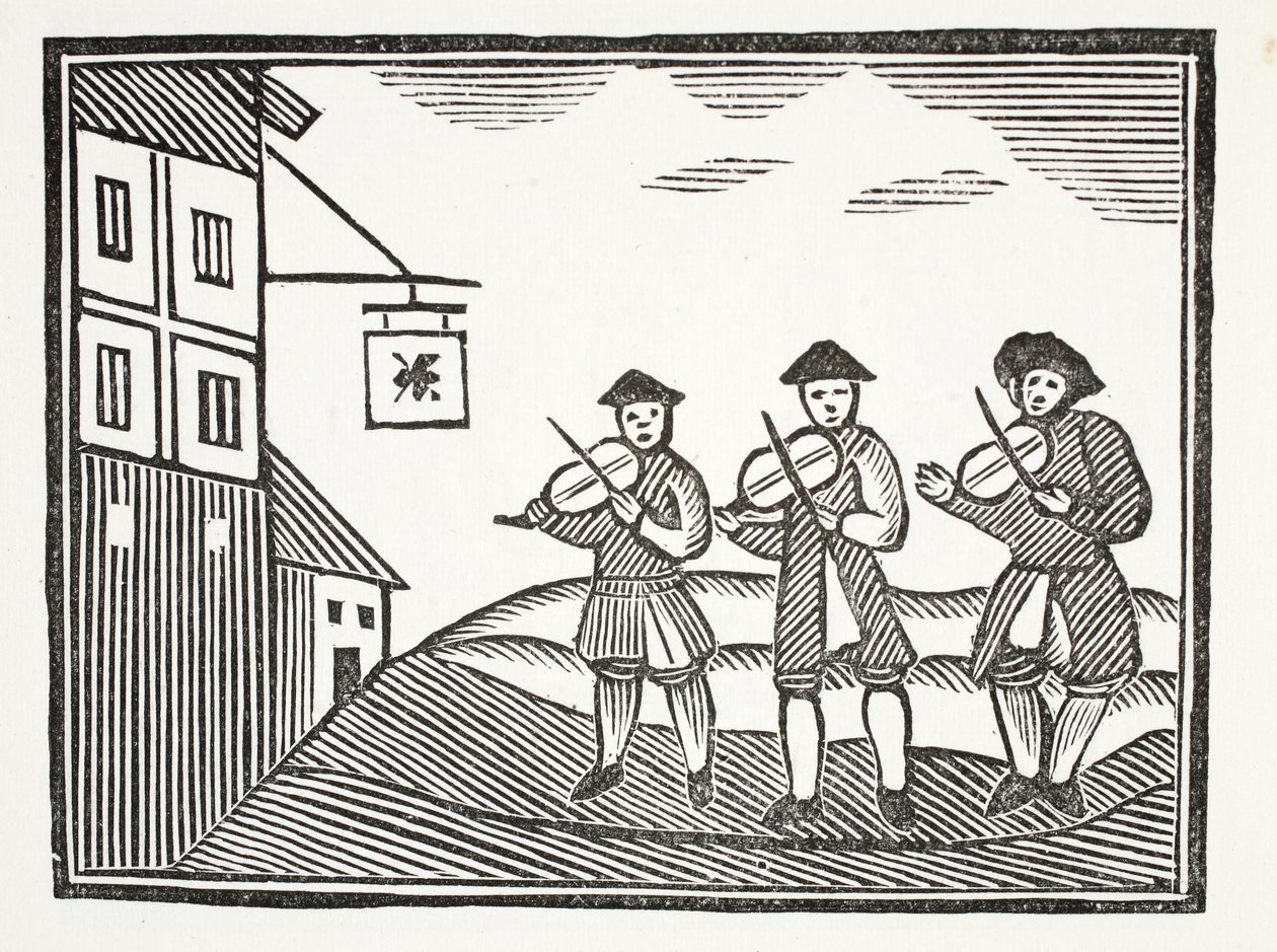 Three Fidlers in Thames Street, som spilte opp en brudgom om morgenen, som ikke ga dem noe å drikke, illustrasjon fra Chap-books of the Eighteenth Century av John Ashton, pub. 1882 av English School