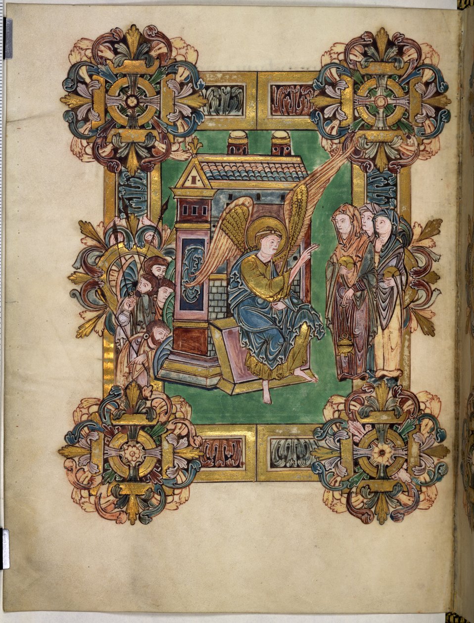 Three Maries at the Sepulchre, fra The Benedictional of St Æthelwold, ca. 963-984 (blekk og gull på pergament) av English School