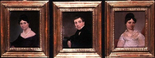 Tre portretter av en bror og to søstre i regentskapskjole, ca. 1825 (olje på bord) av English School