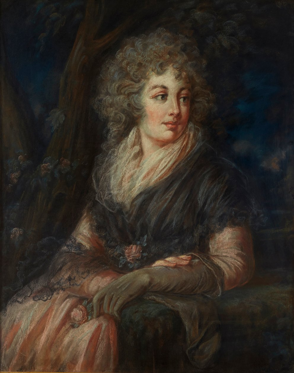 Tre fjerdedels lengde portrett av en dame i attende århundre kjole (pastell) av English School