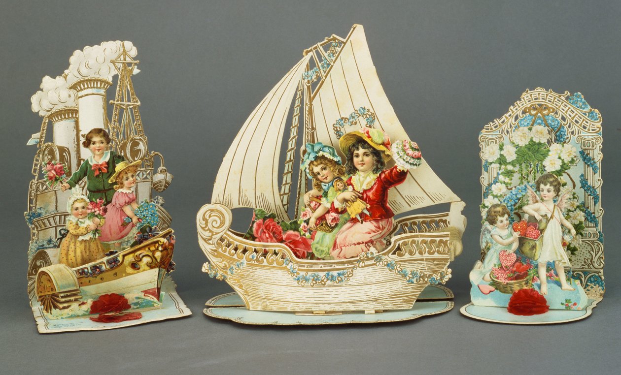 Tre pop-up kromolitografiske Valentine-kort, ca. 1880-90 av English School