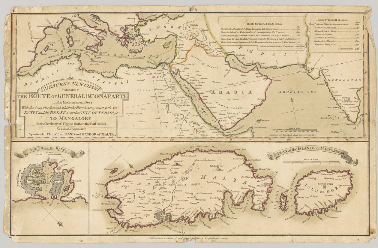 Tre trykte fargede kart: Fairburns nye kart som viser ruten til General Bonaparte i Middelhavet, 1798 av English School