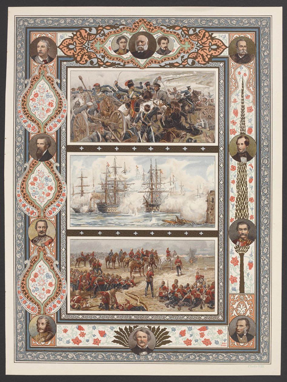 Tre vignetter som viser marine- og landkampscener, inkludert R Caton Woodvilles "Relief of the Light Brigade" av English School