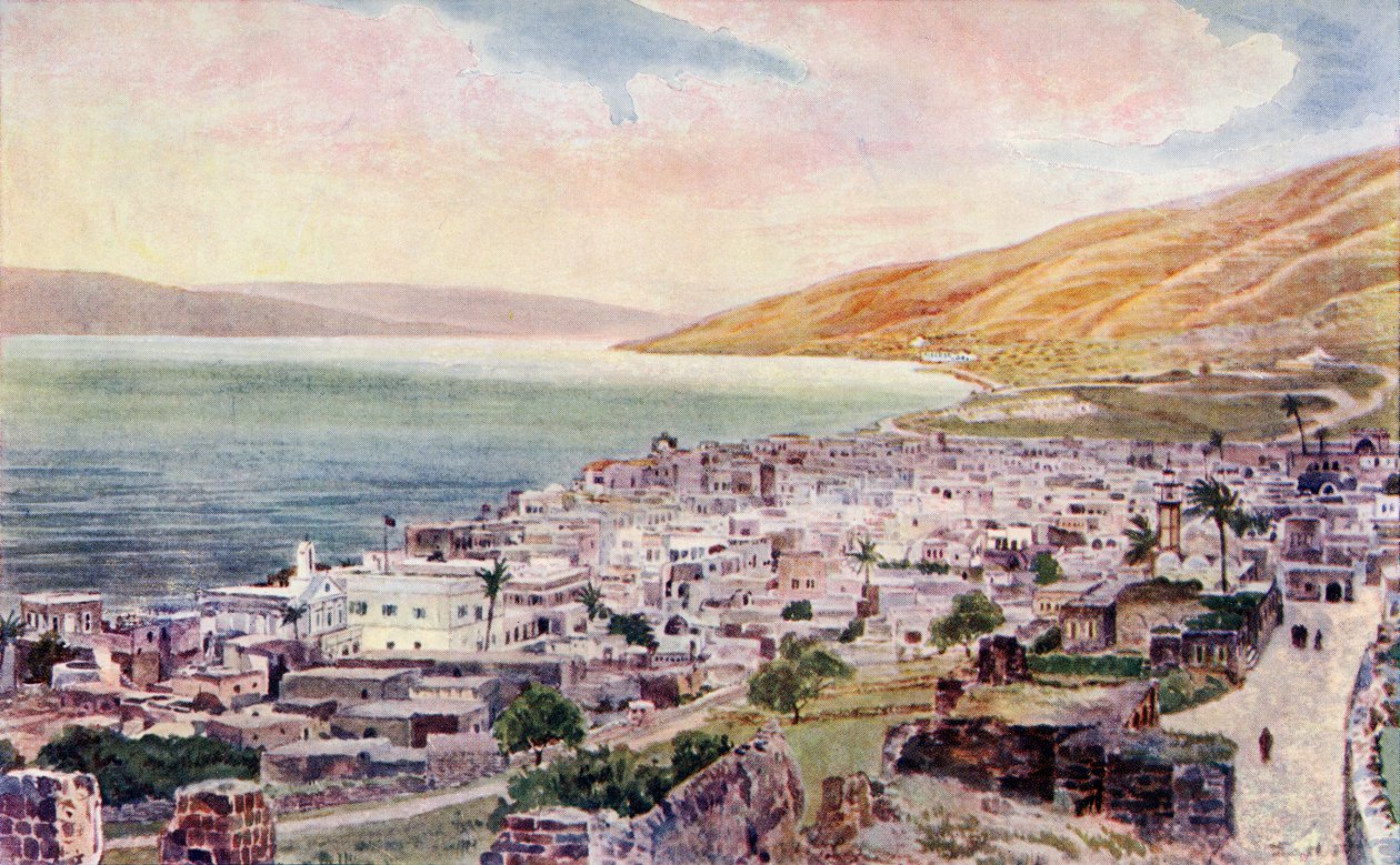 Tiberius og Genesaretsjøen, Israel, ca. 1910 (litho-farge) av English School