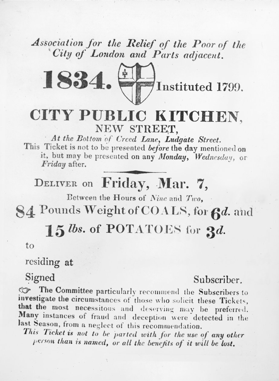 Billett utstedt til de fattige for å motta kull og poteter fra City Public Kitchen, New Street, London, 1834 av English School