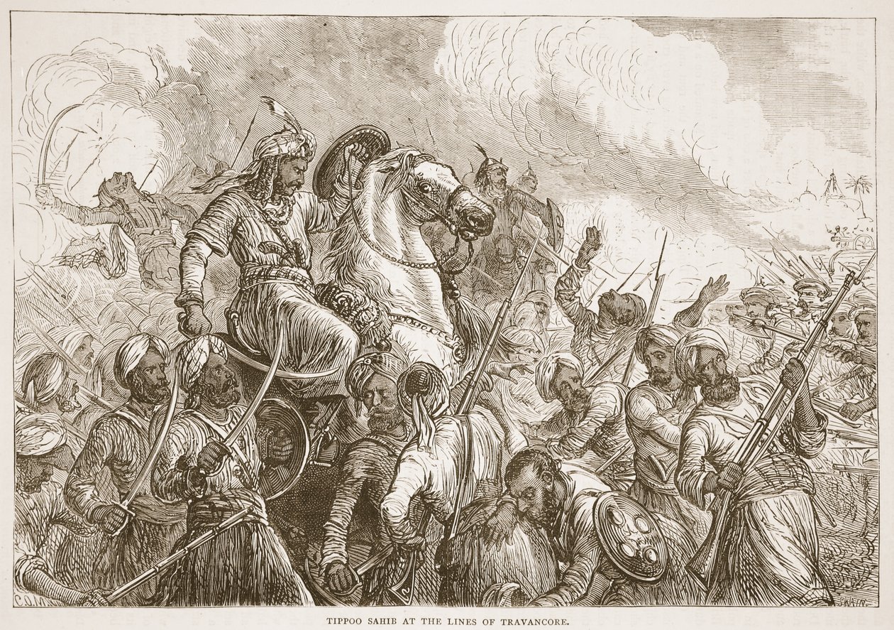 Tippoo Sahib på linjene til Travancore, illustrasjon fra Cassells Illustrated History of India av James Grant, pub. 1879 av English School