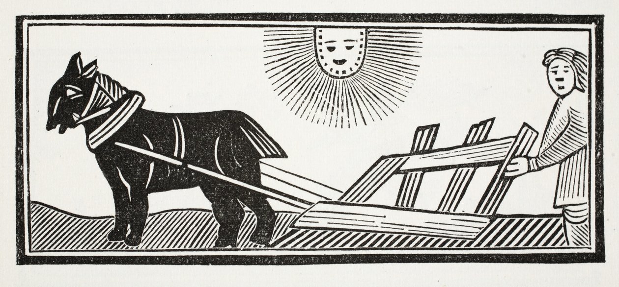Dette er en plog som bryter opp jordens tarmer for såing av mais, illustrasjon fra Chap-books of the Eighteenth Century av John Ashton, pub. 1882 av English School