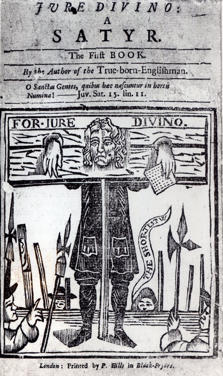 Tittelsiden til den første boken til Jure Divino - A Satyr av Daniel Defoe (1660-1731) utgitt i 1706 av English School