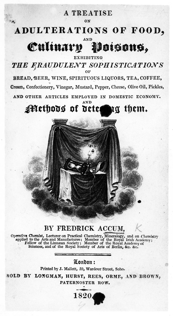 Tittelside for A Treatise on Adulterations of Food and Culinary Poisons av Frederick Accum, utgitt 1820 (trykt papir) av English School