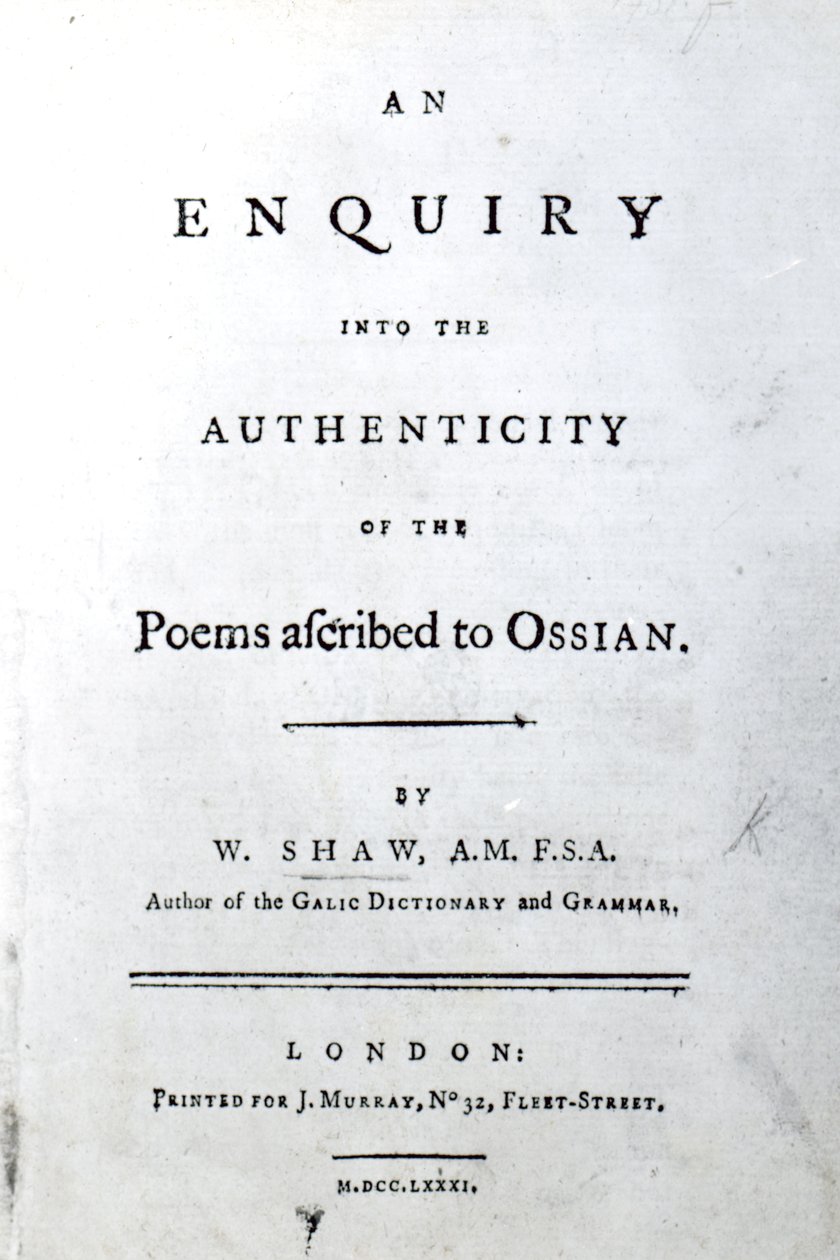 Tittelside for En undersøkelse om ektheten til diktene tilskrevet Ossian av William Shaw, utgitt 1781 (trykt papir) av English School