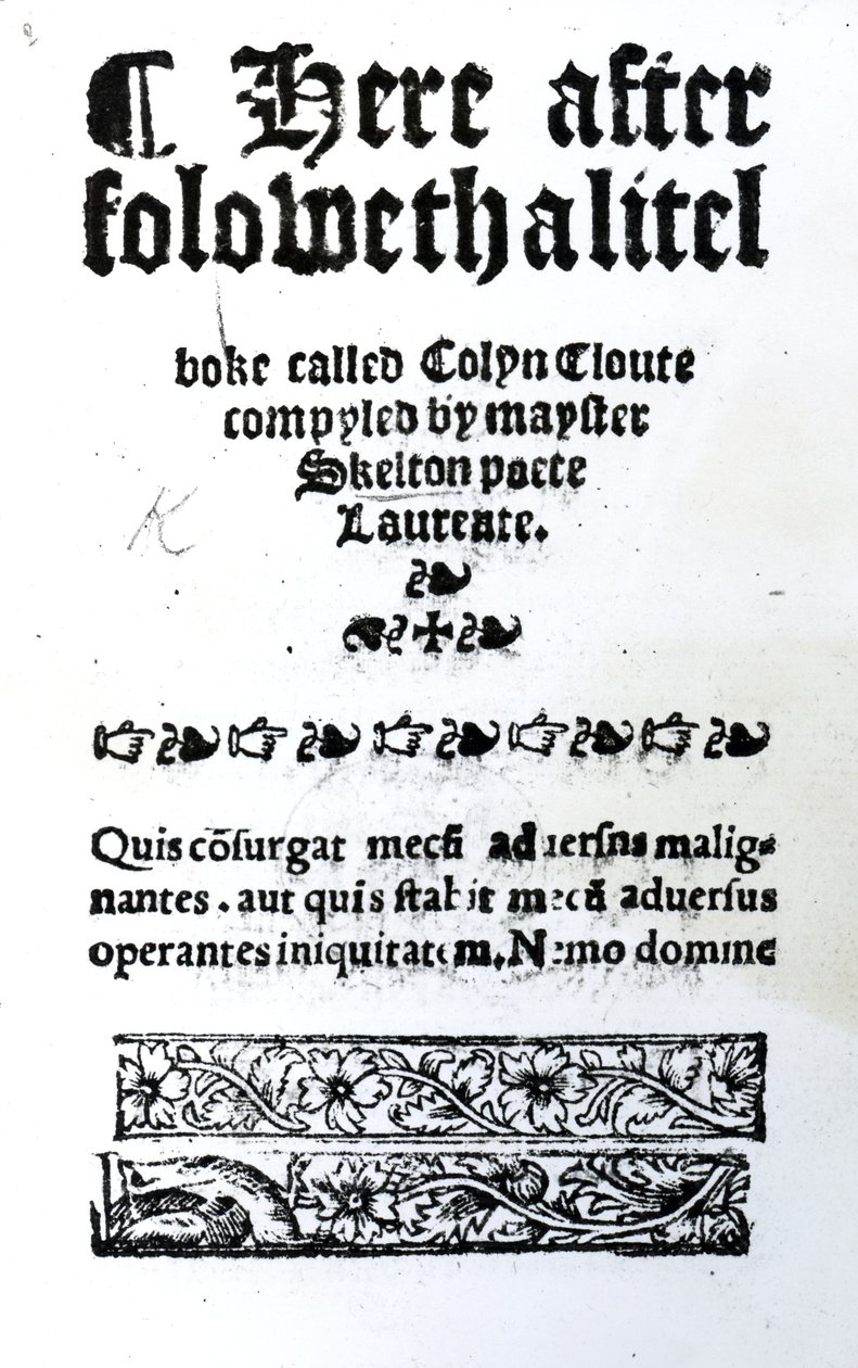 Tittelside for Colin Cloute av John Skelton, utgitt ca. 1550 (trykt papir) av English School