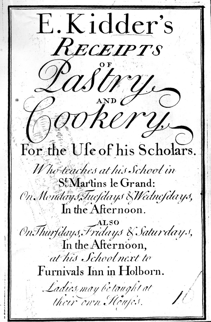 Tittelside for E. Kidders Receipts of Pastry and Cookery, av Edward Kidder, utgitt ca. 1730 av English School