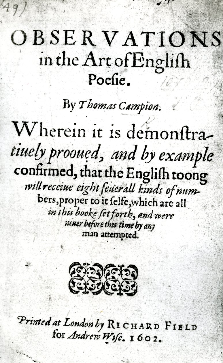Tittelside for Observations in the Art of English Poesie av Thomas Campion, utgitt 1602 (trykt papir) av English School