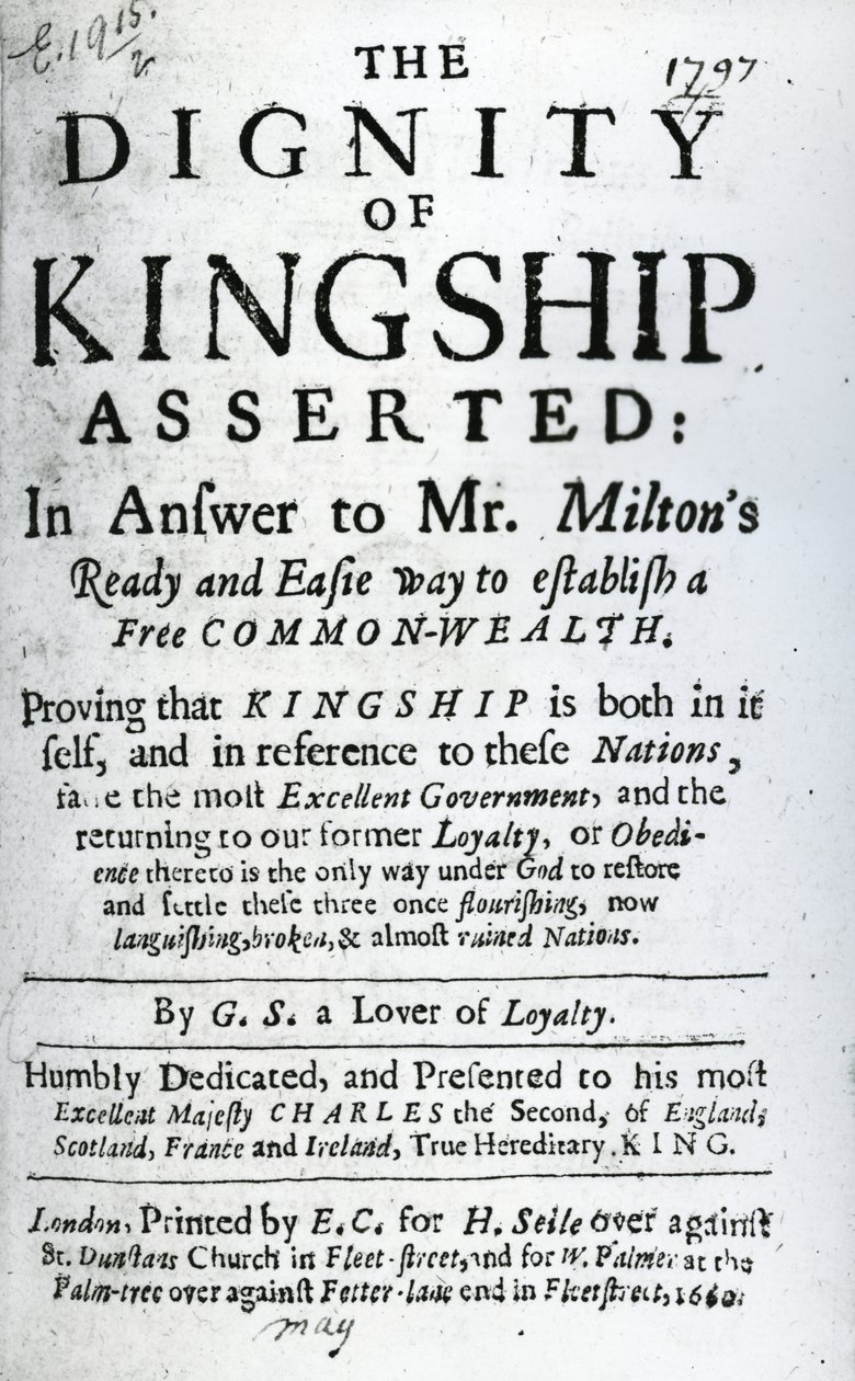 Tittelside for The Dignity of Kingship Asserted by G.S. a Lover of Loyalty, utgitt 1660 (trykt papir) av English School