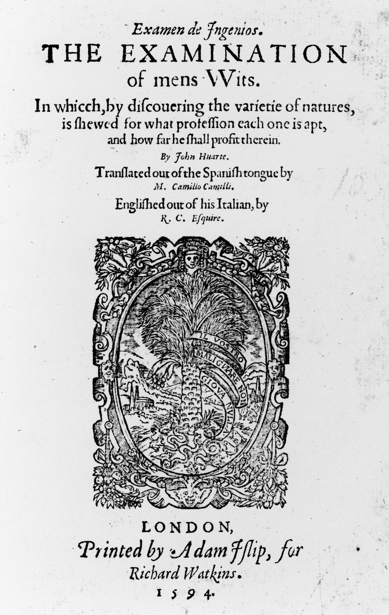 Tittelside for The Examination of mens Wits av Juan Huarte, utgitt 1594 (trykt papir) av English School