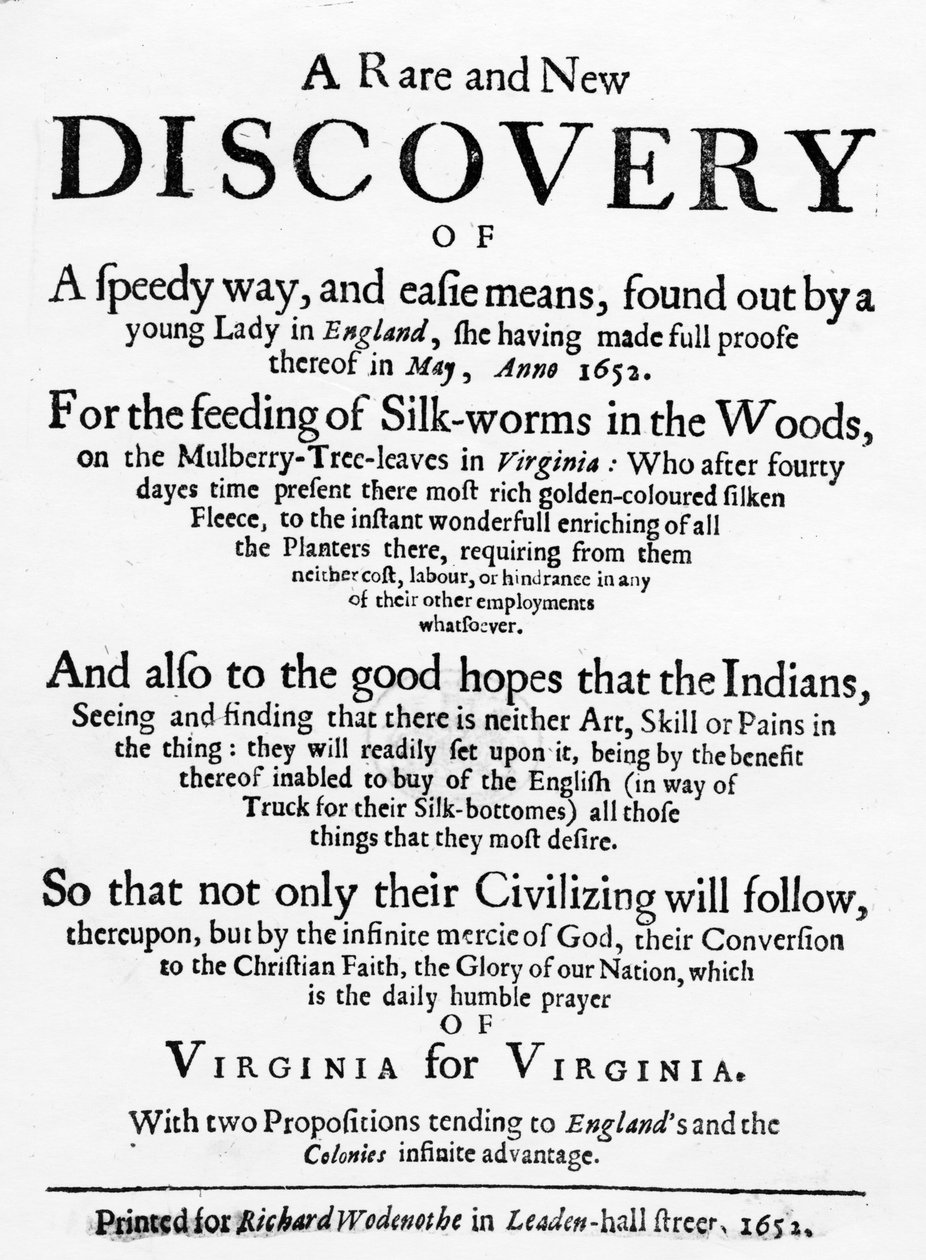 Tittelside for The Reformed Virginian Silk-Worm av Samuel Hartlib, utgitt 1652 (boktrykk) av English School