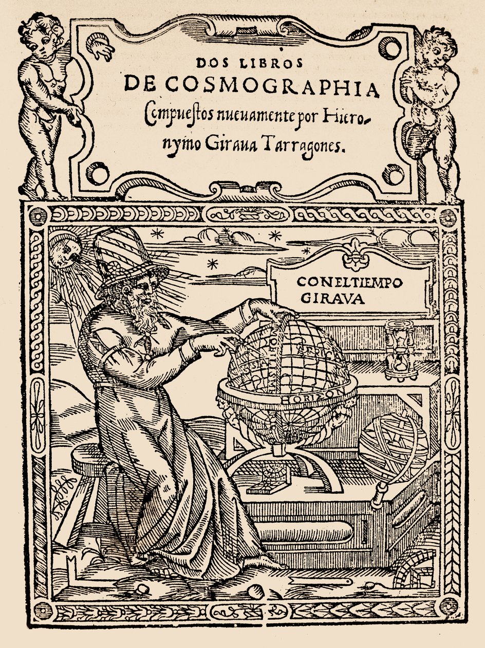 Tittelside for Two Books of Cosmography av Hieronymo Girana Tarragones, fra The Narrative and Critical History of America, redigert av Justin Winsor, London, 1886 (treblokktrykk) av English School