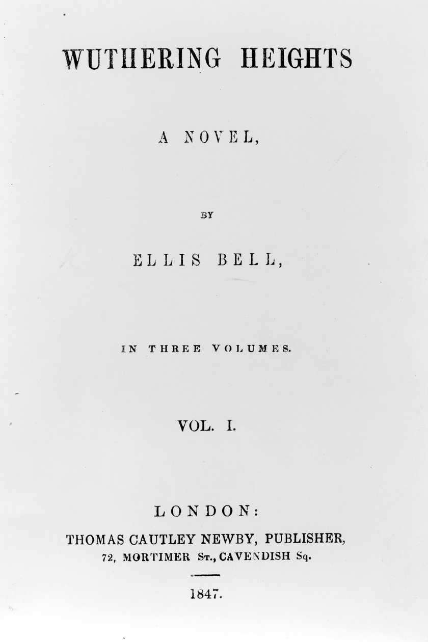 Tittelside for den første utgaven av Wuthering Heights av Ellis Bell (pseudonym til Emily Bronte), utgitt 1847 (trykt papir) av English School