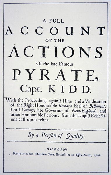 Tittelside for et liv til piratkaptein William Kidd, utgitt i London i 1701 (litho) av English School