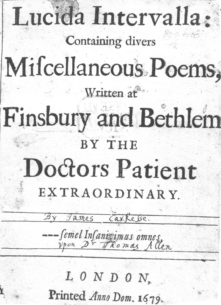 Tittelside til Lucida Intervalla av James Carkesse, utgitt 1679 (trykt papir) av English School