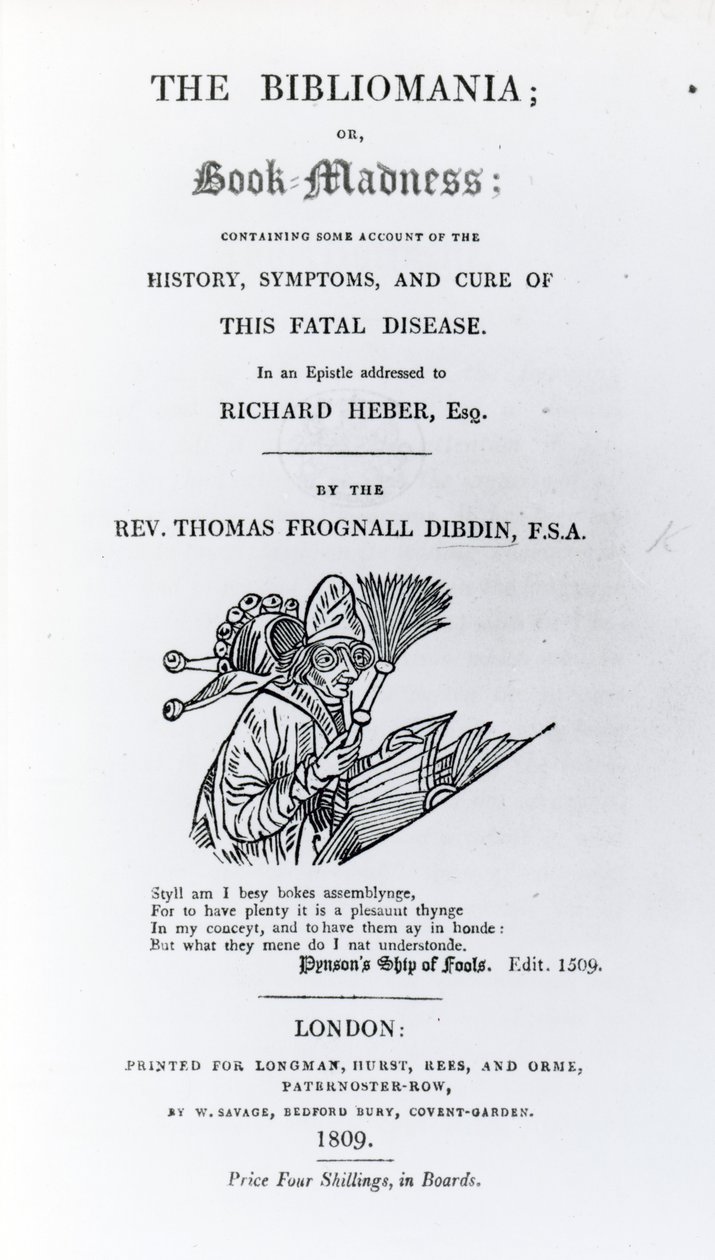Tittelside til The Bibliomania av pastor Thomas Frognall Dibdin, utgitt 1809 (trykt papir) av English School