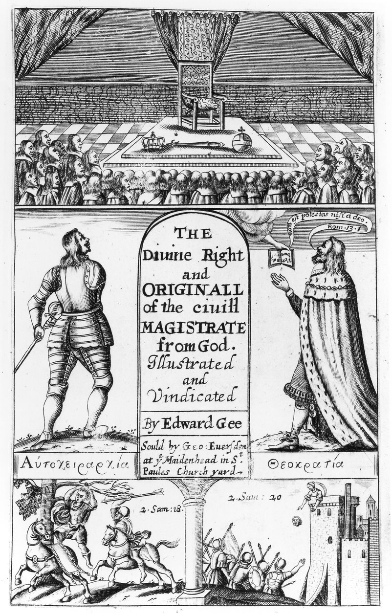 Tittelside til The Divine Right and Original of the Civil Magistrate from God, gravert av Edward Gee, 1658 av English School