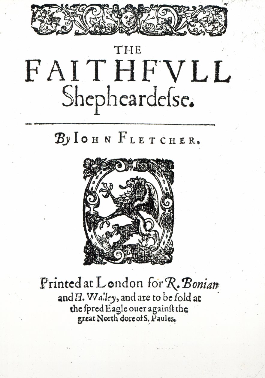 Tittelside til The Faithfull Shepherdess av John Fletcher, ca. 1609 (trykk) av English School