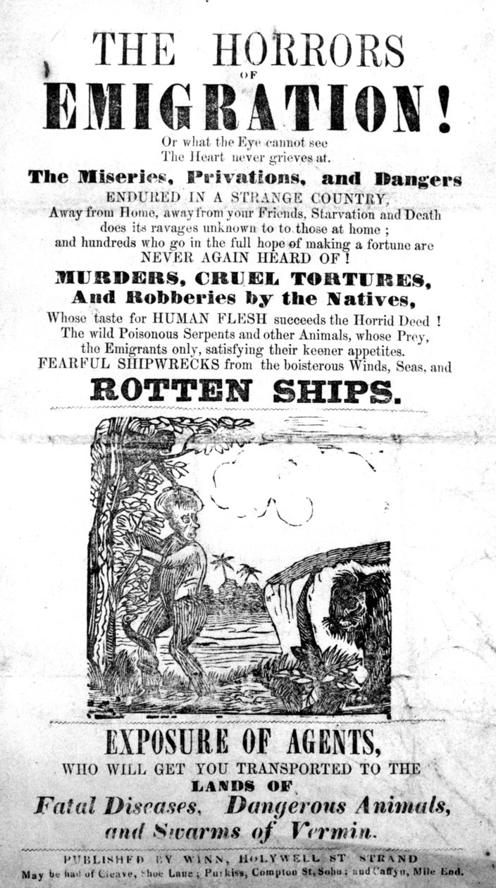 Tittelside for en brosjyre om The Horrors of Emigration! (trykt papir) av English School