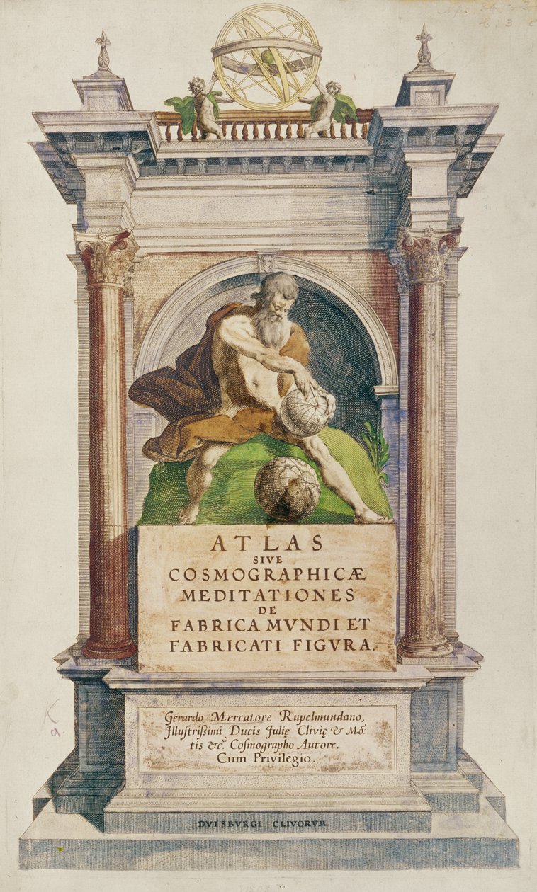Tittelside fra Mercators Atlas sive Cosmographicae meditationes de fabrica mundi et fabricati figura, 1595 (fargegravering) av English School