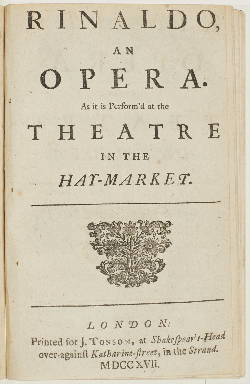 Tittelside fra librettoen til Händels opera "Rinaldo", av Giacomo Rossi, 1717 av English School