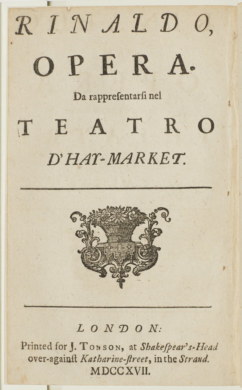 Tittelside fra librettoen til Händels opera "Rinaldo", av Giacomo Rossi, 1717 av English School