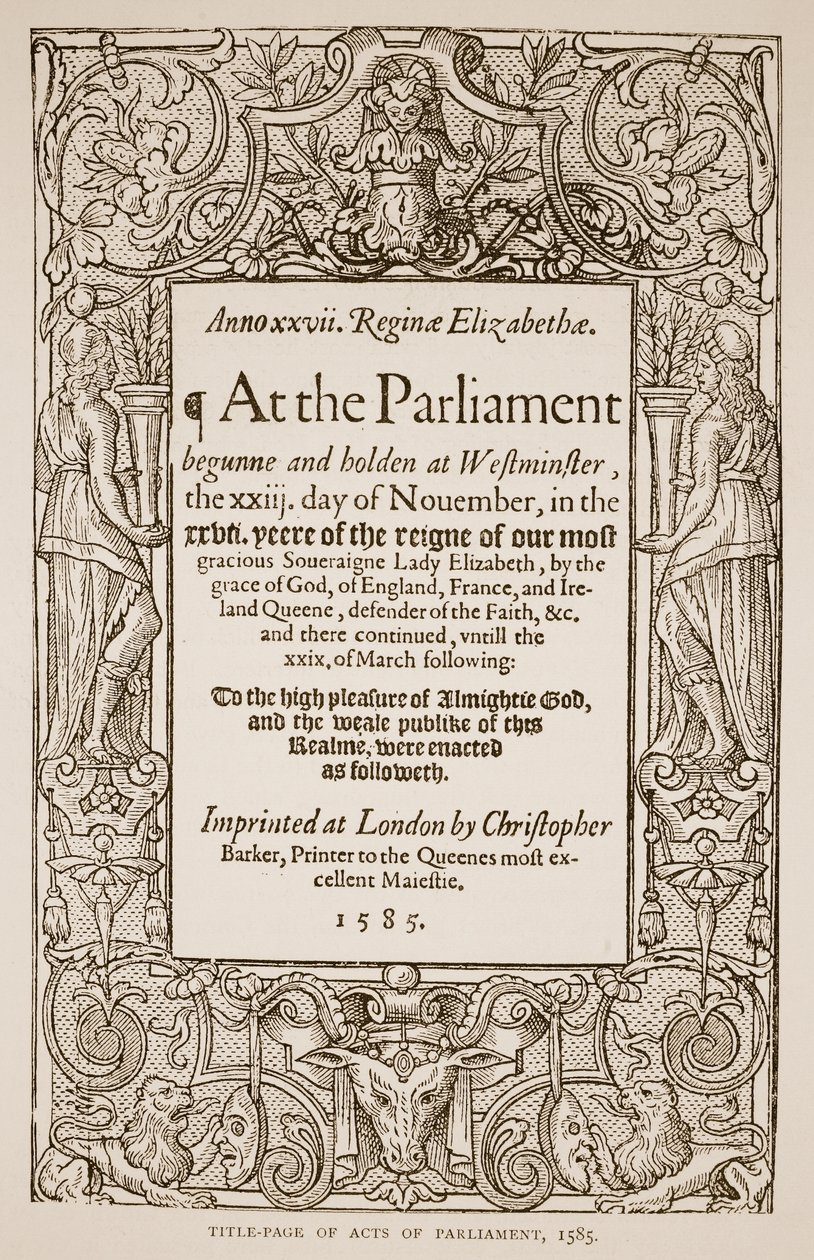 Tittelside til Acts of Parliament, trykt av Christopher Barker (1528-99), 1585 (sepiafoto) av English School