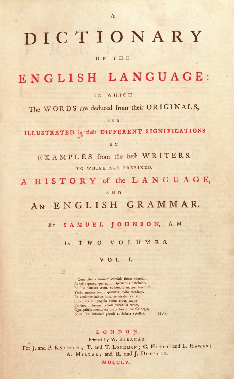 Tittelside til Johnsons Dictionary of the Human Language London, 1755 av English School