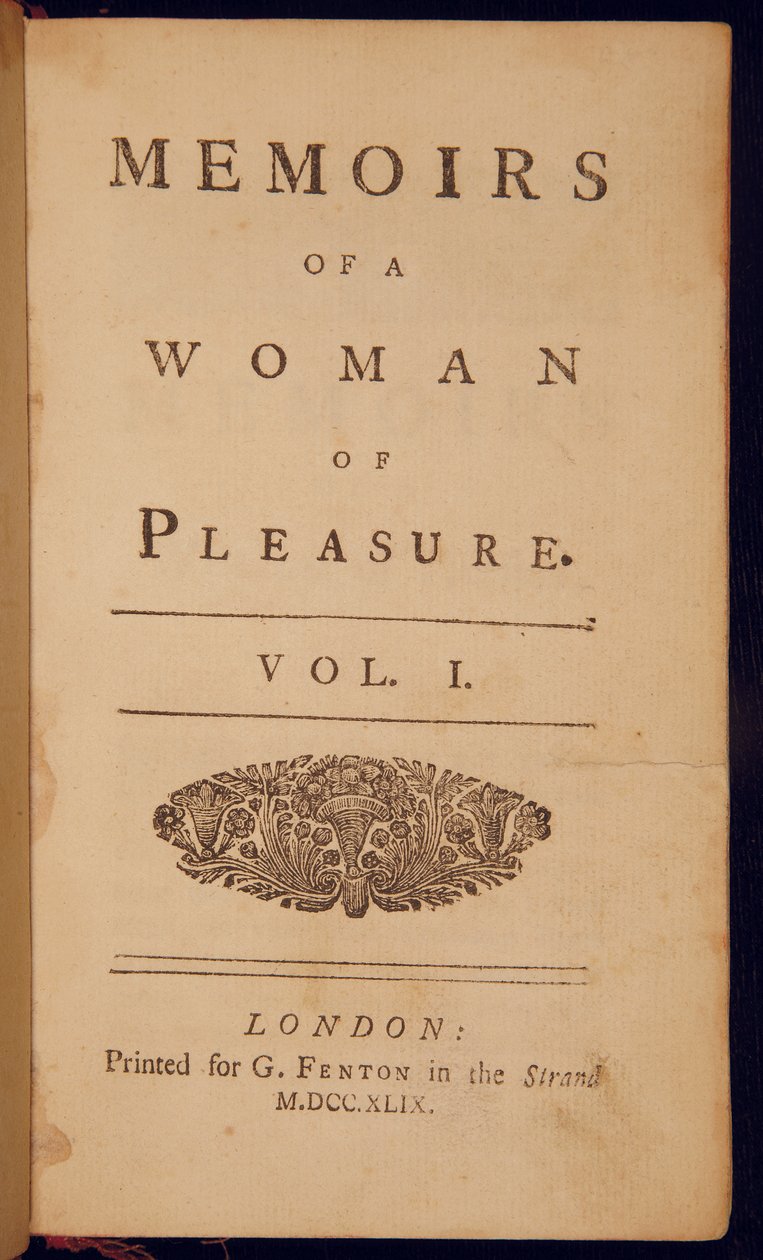 Tittelside til "Memoirs of a Woman of Pleasure" av John Cleland av English School