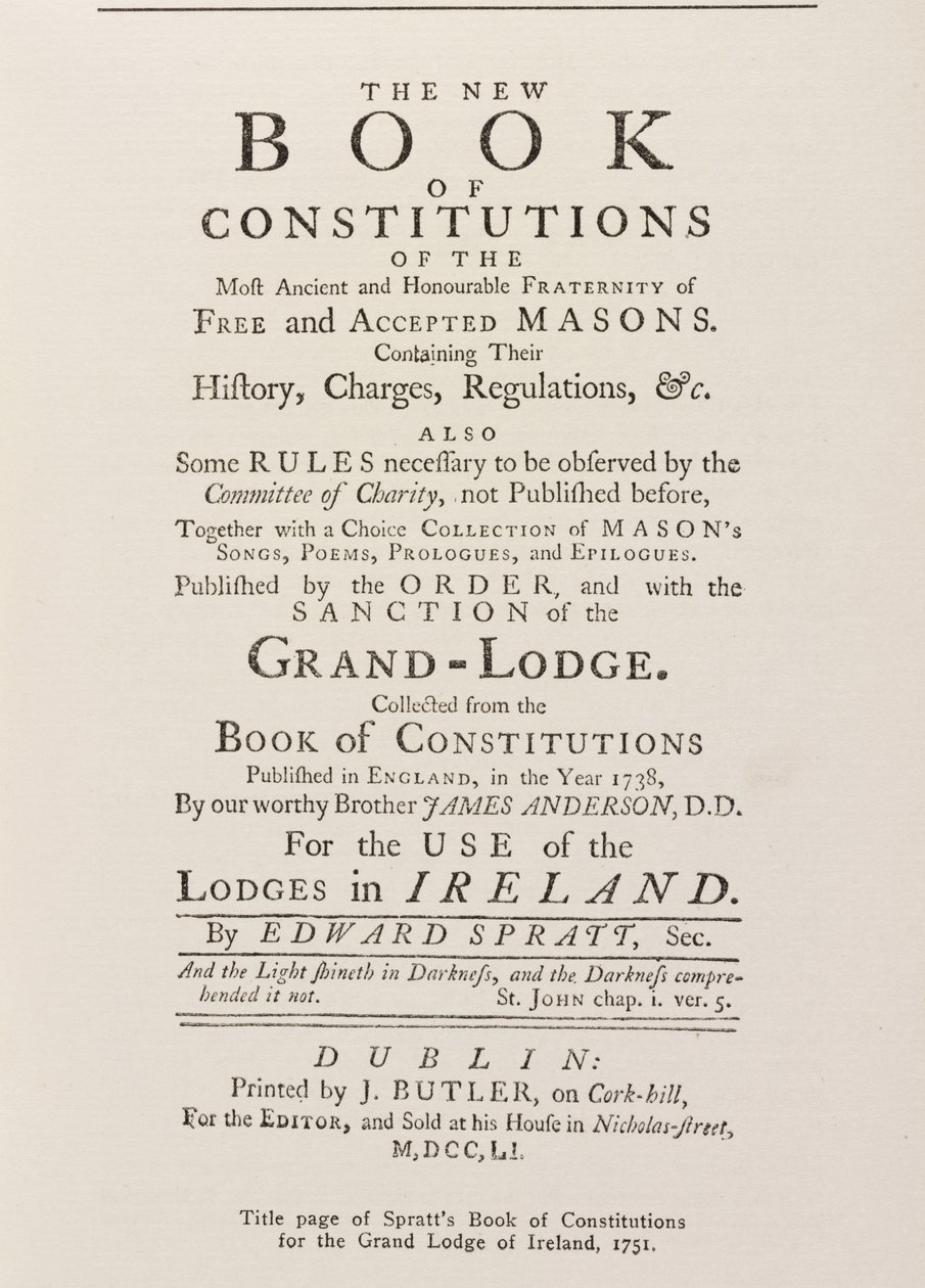Tittelside til Spratts Book of Constitutions for Grand Lodge in Ireland, 1751 av English School