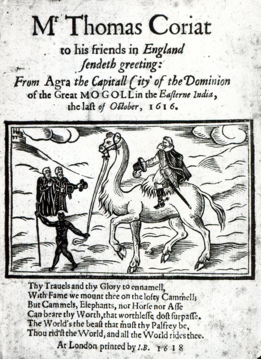 Tittelside til Thomas Coryats posthumt trykt beretning om hans reiser i India, utgitt i London, 1618 (trykt papir og tresnitt) av English School