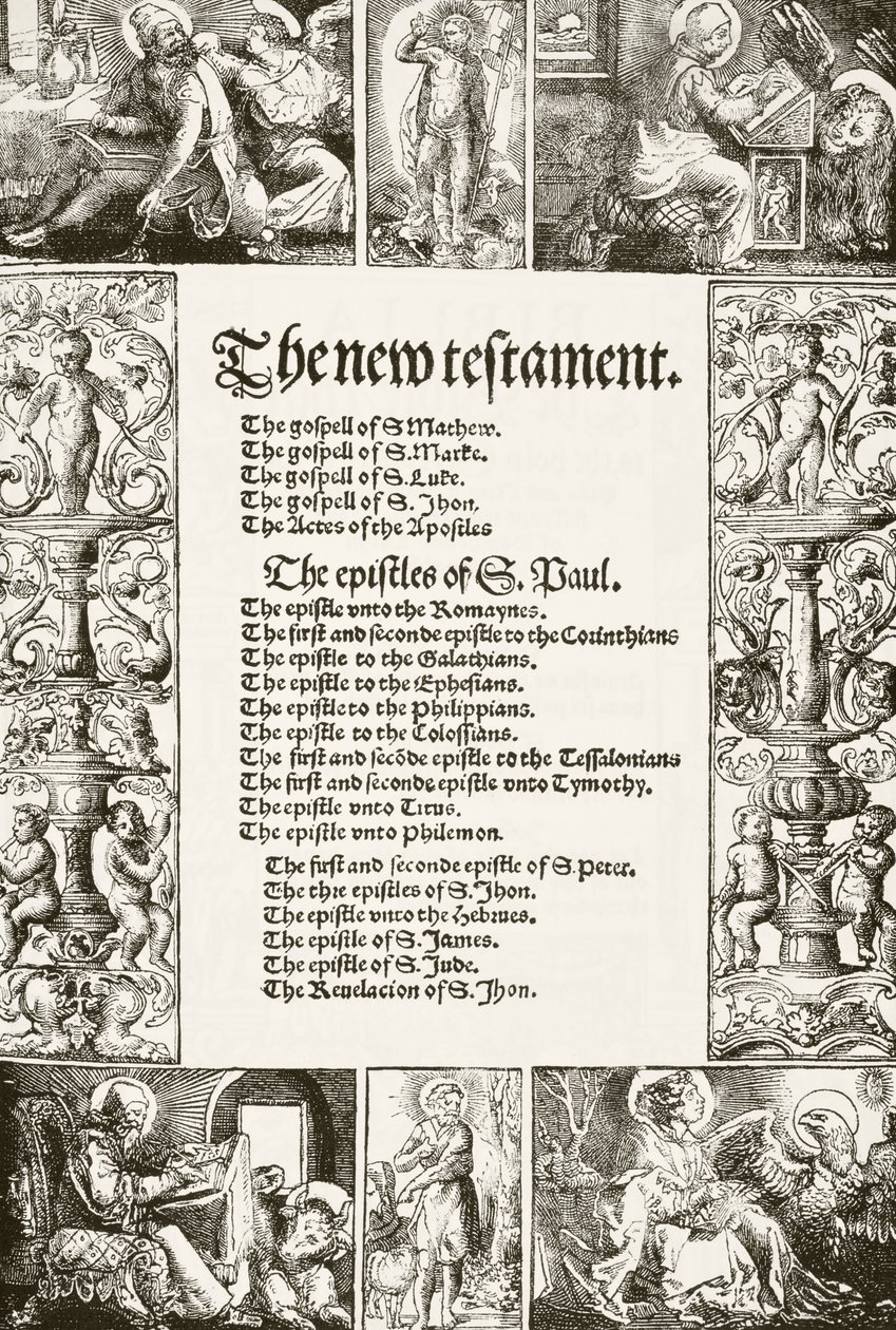 Tittelside til William Tyndales New Testament, trykt på 1530-tallet, fra The National and Domestic History of England av William Hickman Smith Aubrey (1858-1916) utgitt London, ca. 1890 av English School