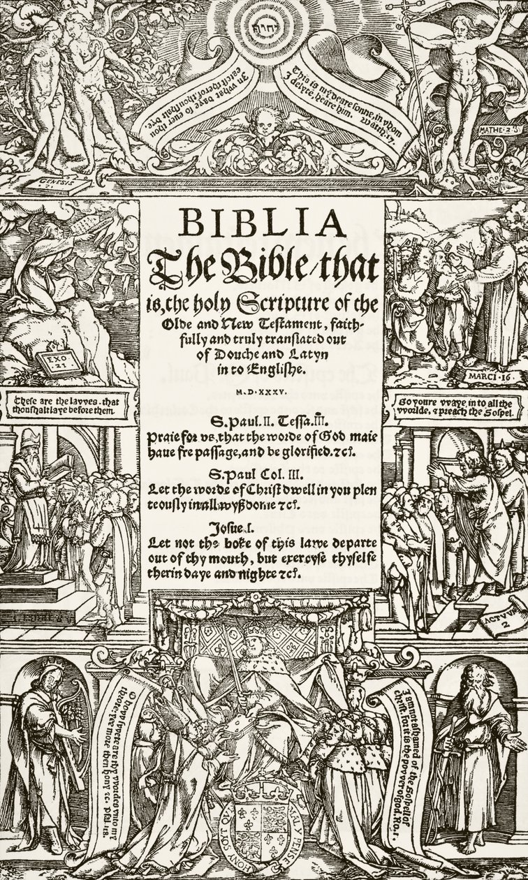 Tittelsiden til Coverdale Bible, trykt i 1535, fra The National and Domestic History of England av William Hickman Smith Aubrey (1858-1916) utgitt London, ca. 1890 av English School