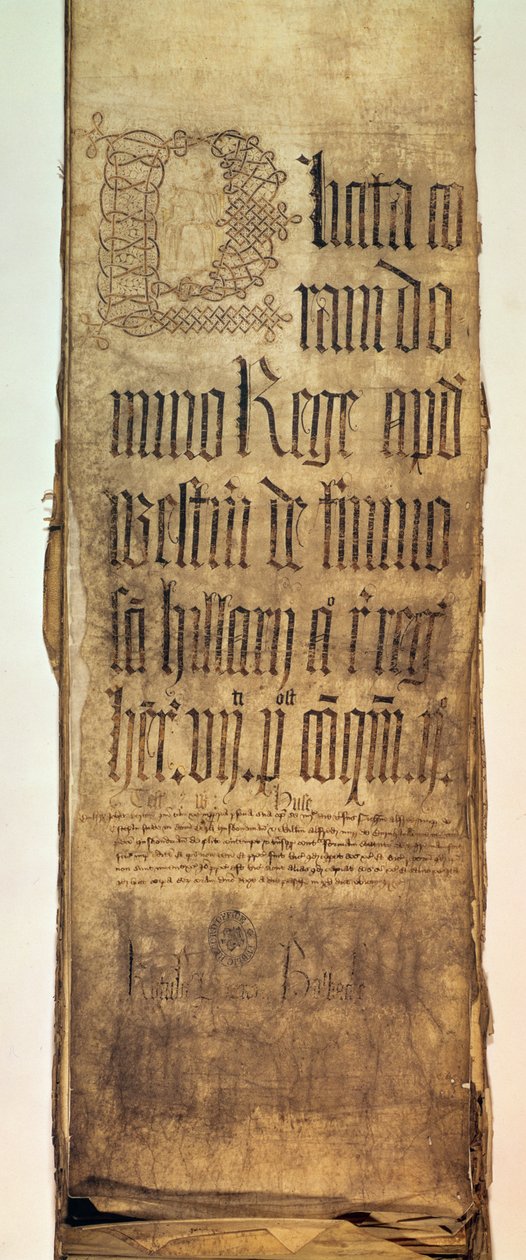 Tittelside til King's Bench bønnrulle for Hilary Term, 1487 av English School