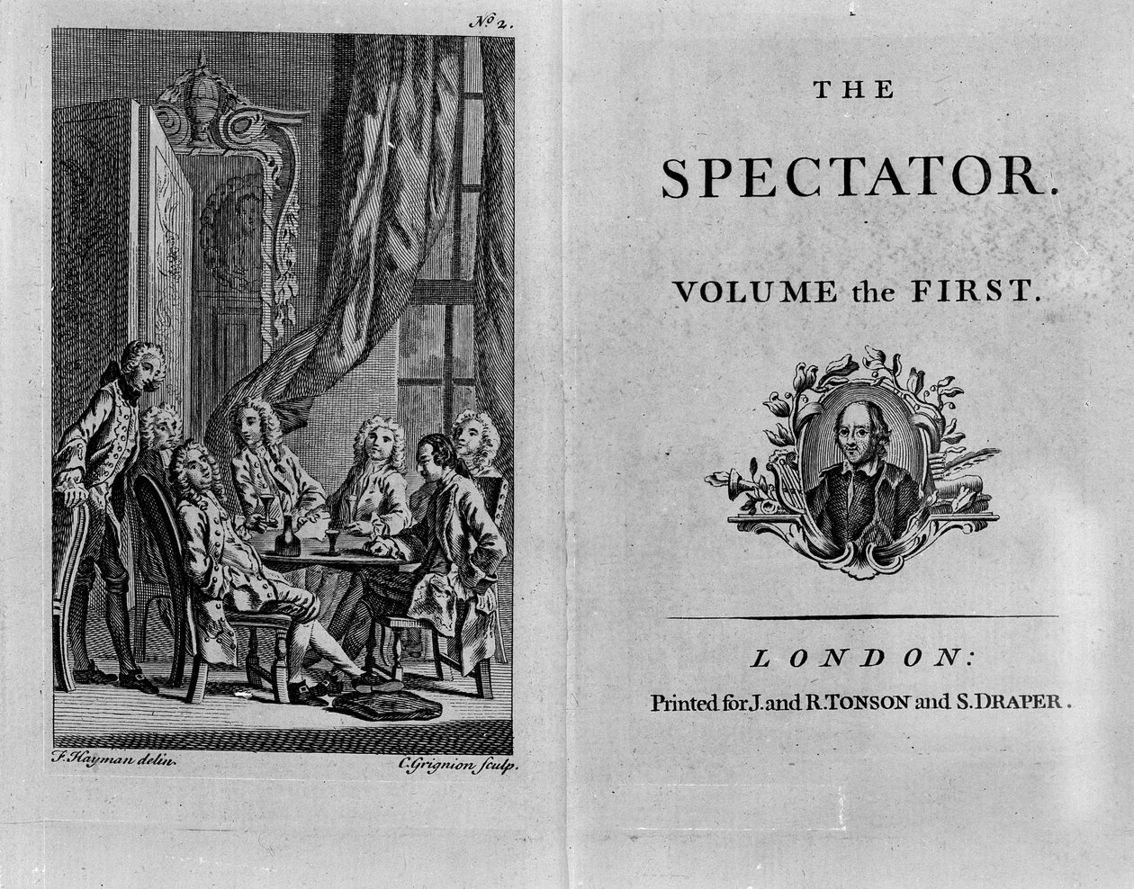 Tittelside til første bind av den samlede utgaven av The Spectator, utgitt ca. 1788 (trykt papir) av English School