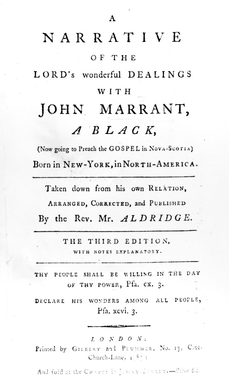 Tittelside til A Narrative of the Lords Wonderful Dealings with John Marrant, A Black transkribert av pastor William Aldridge, 1785 av English School