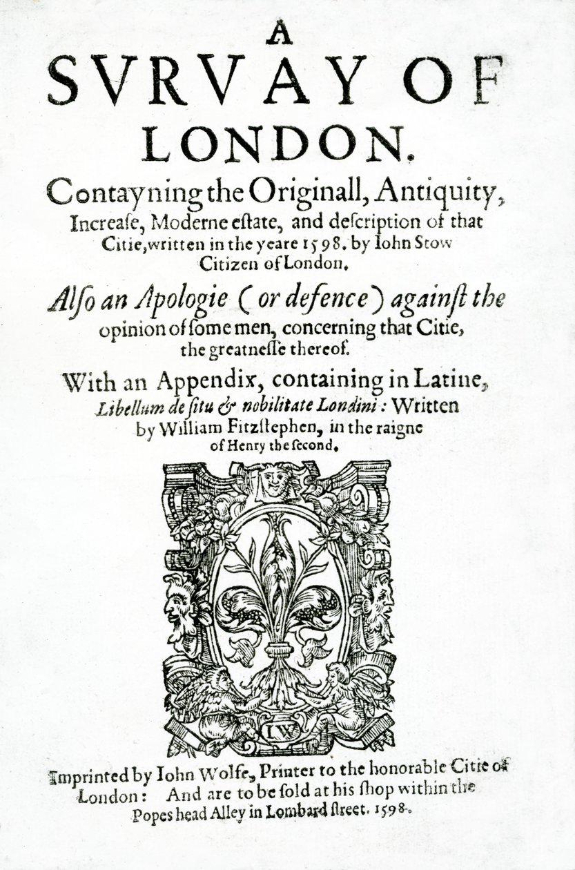 Tittelside til A Survey of London av John Stow, utgitt i 1598 (trykt papir) av English School