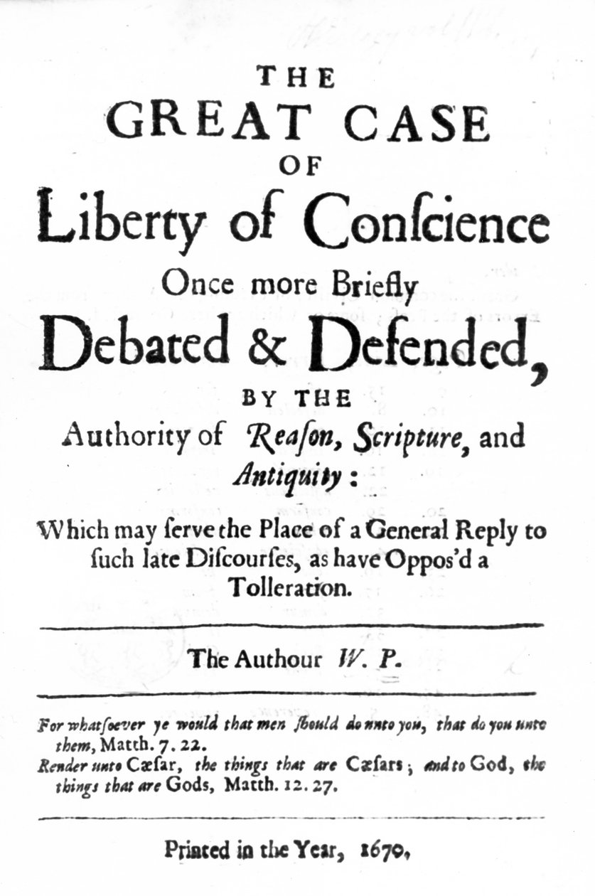 Tittelside til The Great Case of Liberty of Conscience av William Penn, utgitt i 1670 av English School