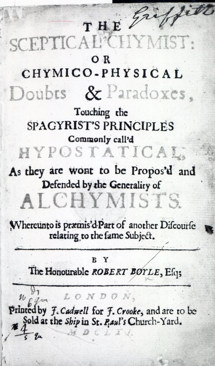 Tittelside til The Skeptical Chymist av Robert Boyle, 1661 (trykk) av English School