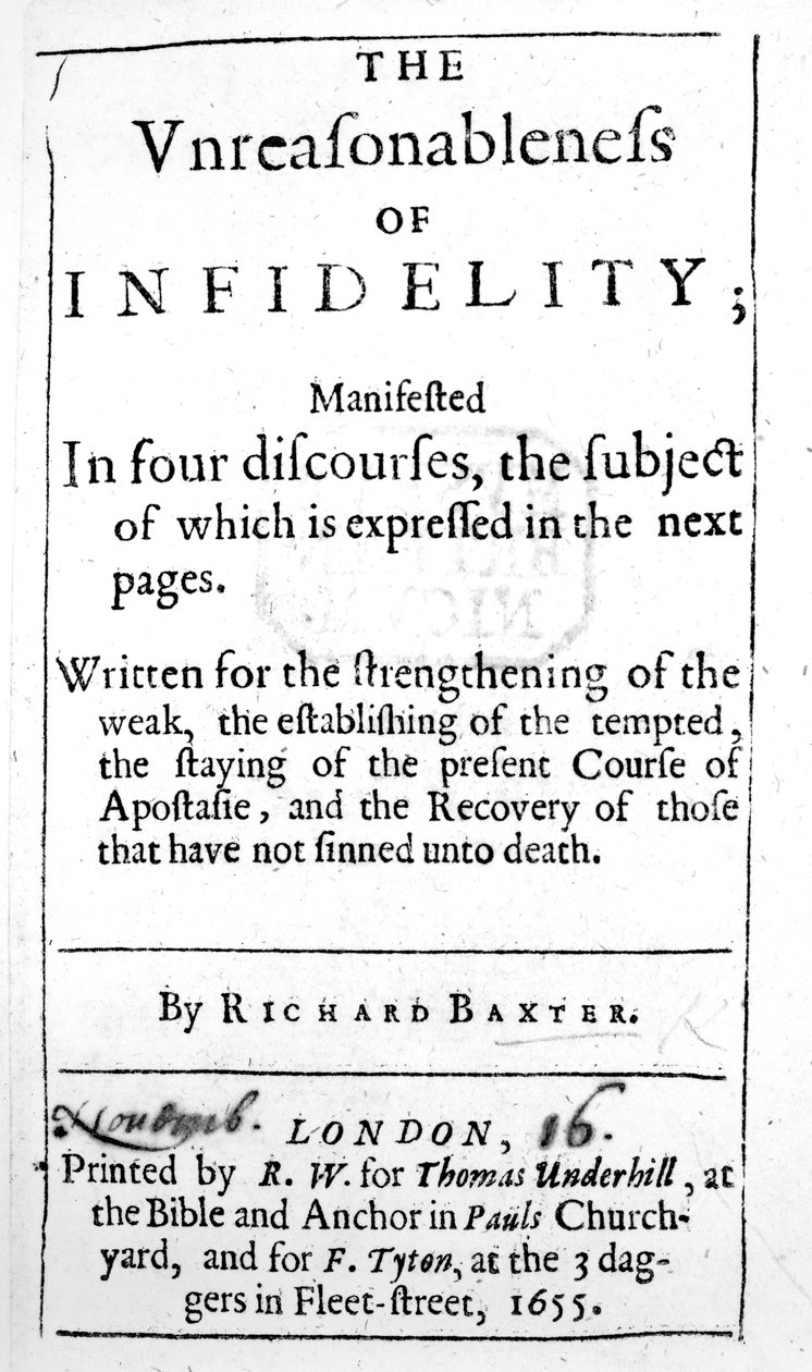 Tittelside til The Unreasonableness of Infidelity av Richard Baxter, utgitt i 1655 av English School