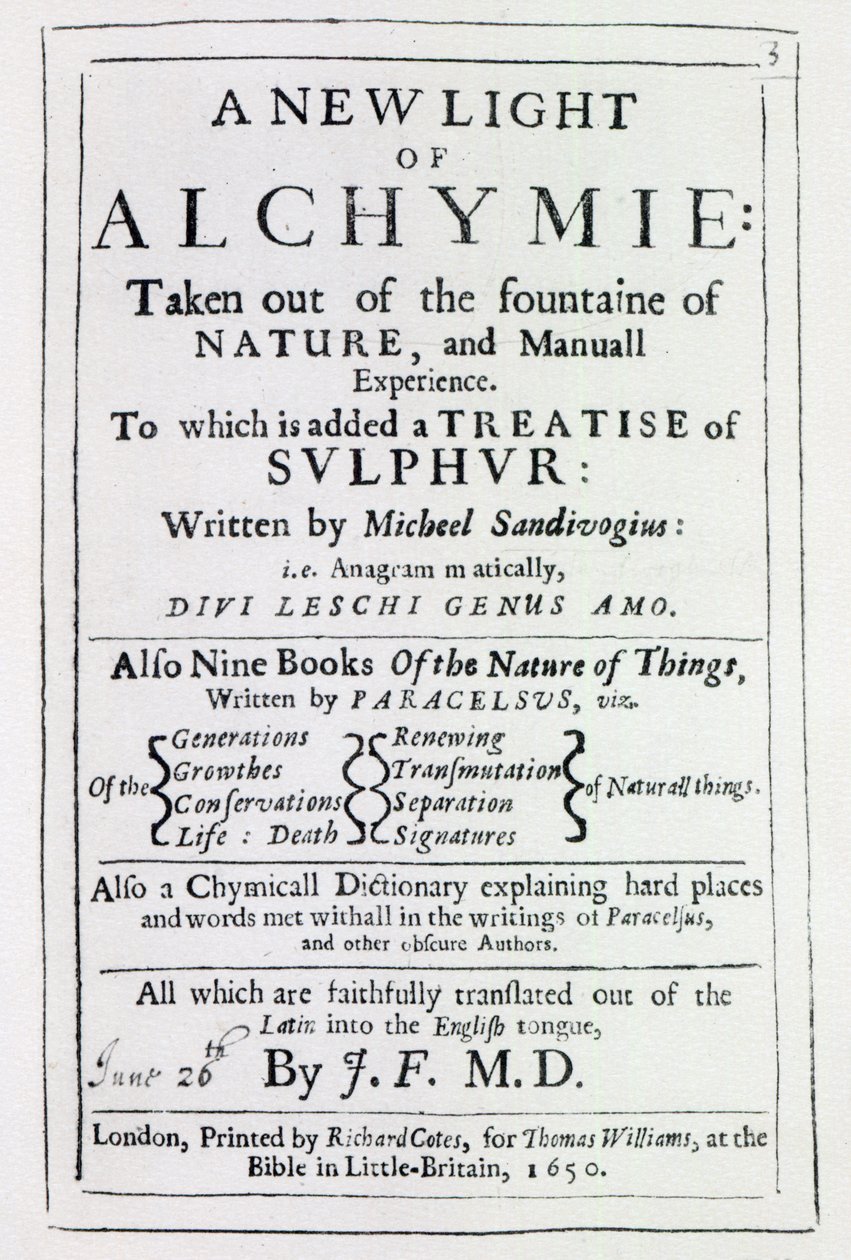 Tittelside til den engelske utgaven av A New Light on Alchemy av Michal Sedziwoj, 1650 (trykk) av English School
